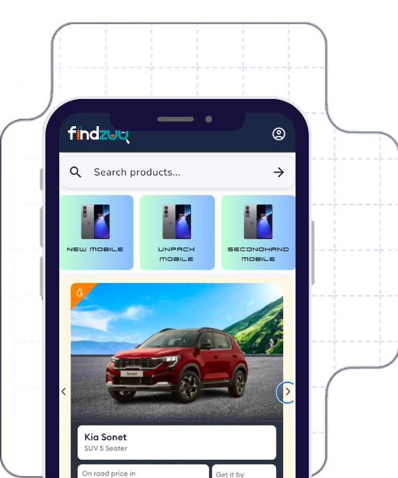 FindZuu mobile app interface showing product search and categories